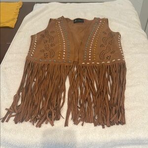 Brown Fringe Vest with Cutout Accents